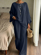 Casual Relaxed 100% Loose Coverage Two-Piece Set Lazy Solid Off-Shoulder Sleeve High-Waist Wide-Leg Pants Women'S Outfit - Deep Blue