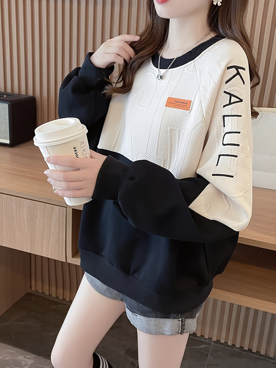 Spring/Autumn New Contrast Round Neck Textured Appliqué Letter Embroidered Sweatshirt Women'S - Black