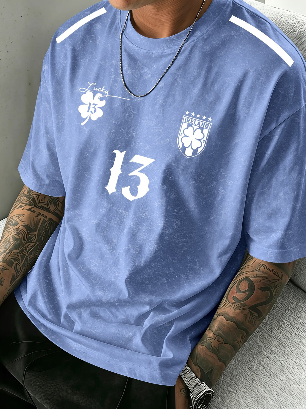 Men's Round-neck Graphic Print Short-sleeve T-shirt, Suitable for Summer Casual Sports - Royal Blue