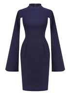 Women Elegant O-Neck Cape Cocktail Party Bodycon Dress - Navy Color