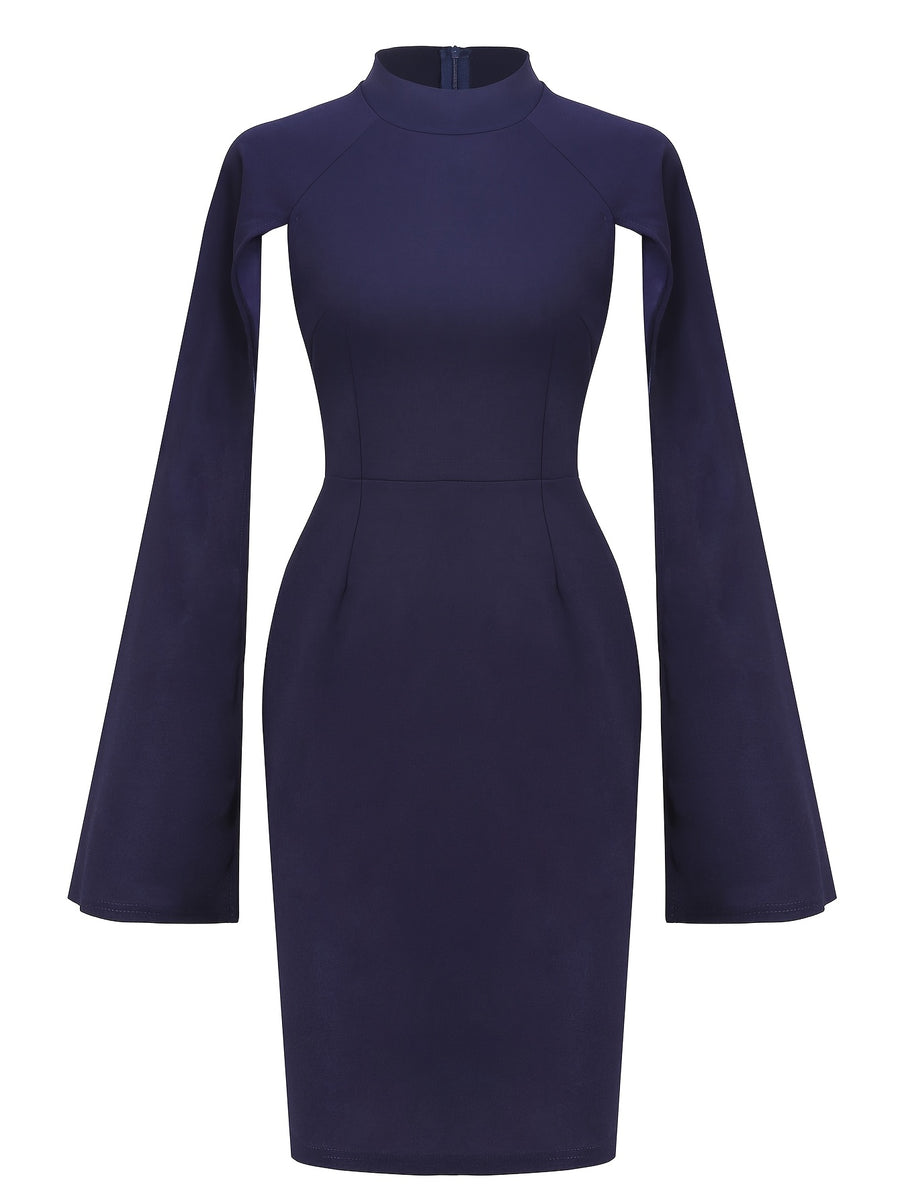 Women Elegant O-Neck Cape Cocktail Party Bodycon Dress - Navy Color