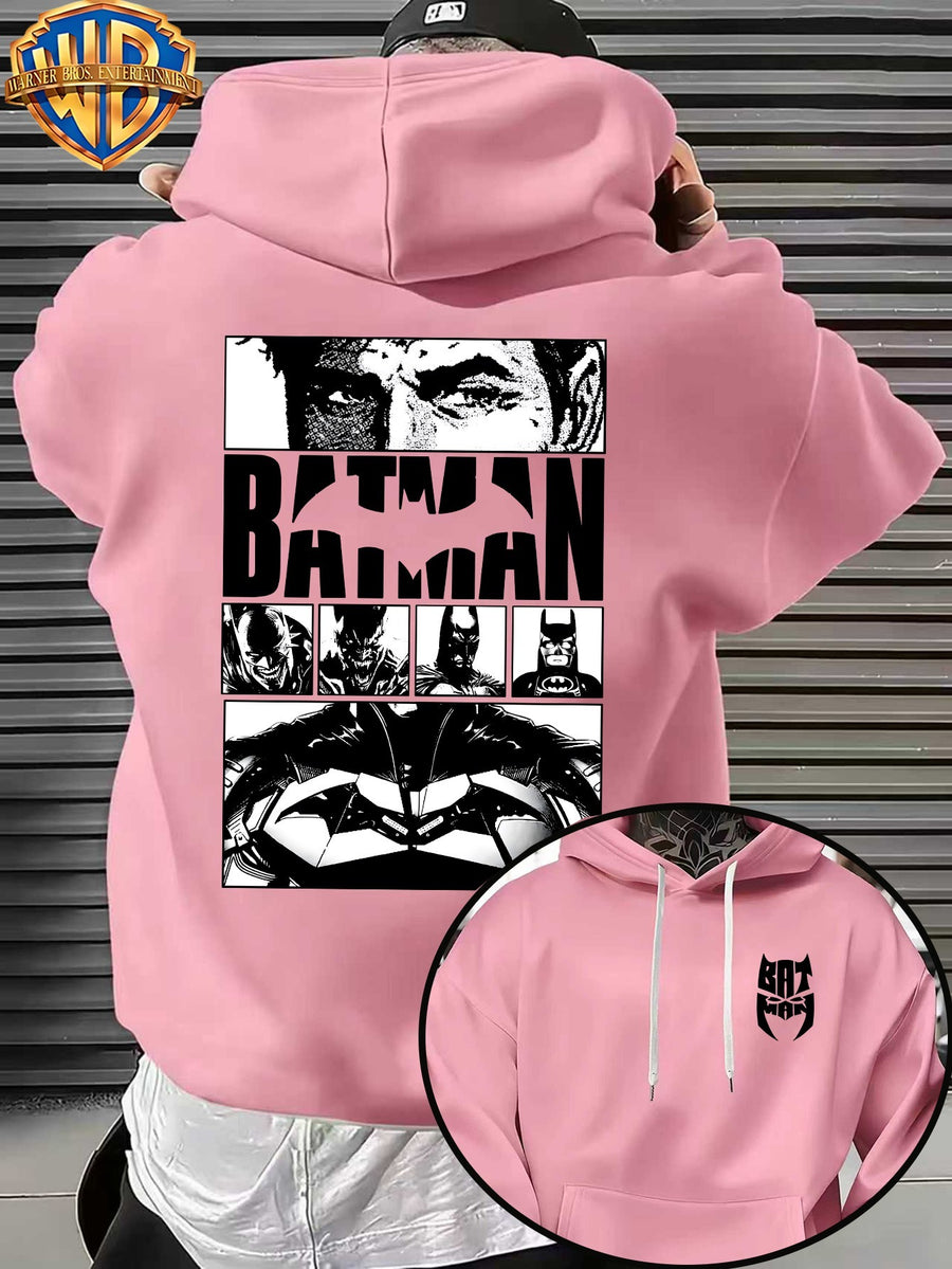 Casual Sporty Loose Hooded Sweatshirt, Retro Batman Comic Patchwork Cartoon Print, Men'S Casual All-Match Adjustable Drawstring Hoodie Comfortable Casual Autumn Winter Wear, for Sports, Outdoors, Picnics, Travel, Daily Home Wear - Pink