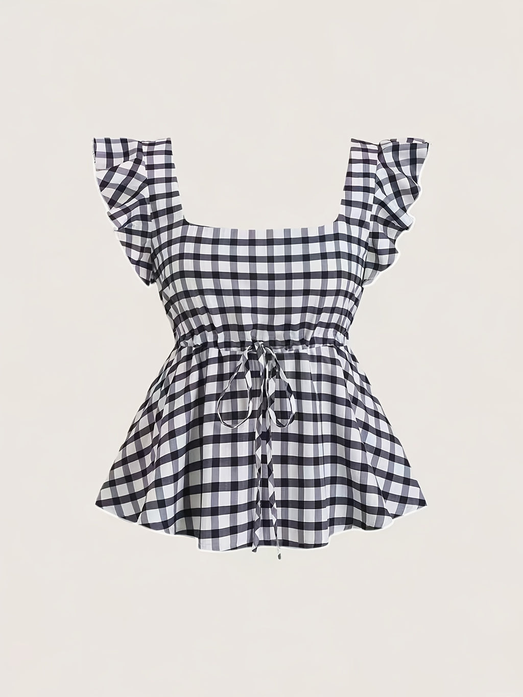 Women's Elegant and Stylish Casual Plaid Print Square Neck Short Sleeve Shirt, Plaid Pattern Top, Women's Top, Casual Pleated Top, Women's Plaid Top, Square Neck Top - Mixed colors