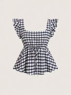 Women's Elegant and Stylish Casual Plaid Print Square Neck Short Sleeve Shirt, Plaid Pattern Top, Women's Top, Casual Pleated Top, Women's Plaid Top, Square Neck Top - Mixed colors