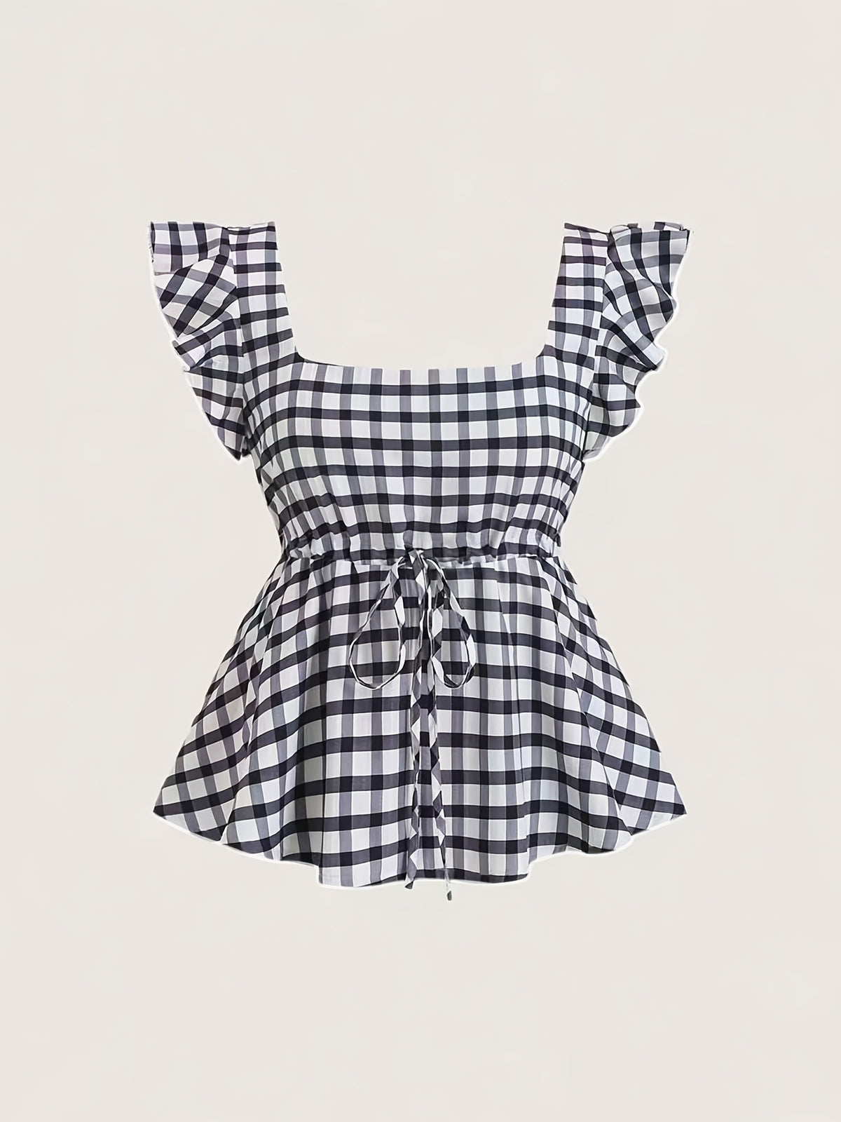 Women's Elegant and Stylish Casual Plaid Print Square Neck Short Sleeve Shirt, Plaid Pattern Top, Women's Top, Casual Pleated Top, Women's Plaid Top, Square Neck Top - Mixed colors