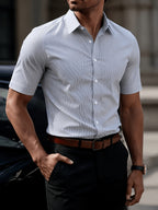 5pcs Men'S Pinstripe Short Sleeve Dress Shirt, Non-Iron Wrinkle-Free Comfortable, Fashionable Casual Short Sleeve Shirt, Comfortable Fabric, Outdoor Commute Party Wear, Comfortable to Wear, Essential Wardrobe Item - 2 Sky Blue + Light Pink Gray Green