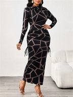 Women'S Elegant Formal Evening Gown - Long Sleeve Bodycon Dress with Geometric Print, Structured Fit & Tie-Front Closure, Floor-Length Party Wedding Guest Dress for, Prom, Gala - Spring/fall Formal Attire, Formal Dresses, Prom Dress, Prom Attendees - Black