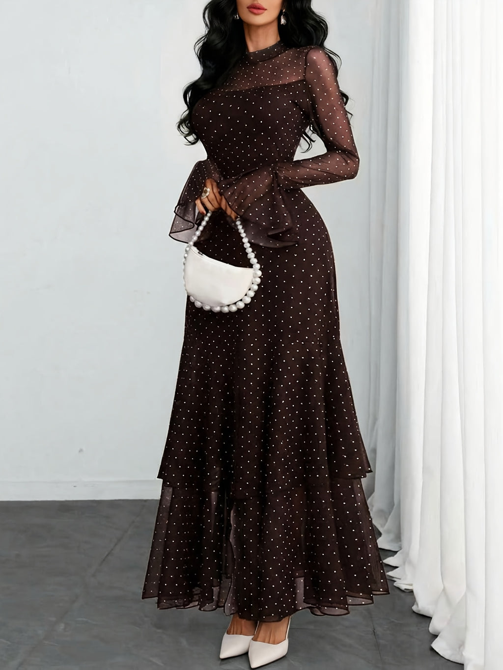 Women'S Romantic Sexy Elegant Modern Polka Dot Printed Stand Collar, Waist Double Slit Multi-Layered Skirt Dress, Suitable for Dates, Vacations, And Casual Wear, Belt Not Included - Dark Brown