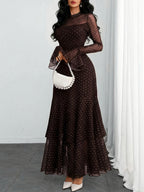 Women'S Romantic Sexy Elegant Modern Polka Dot Printed Stand Collar, Waist Double Slit Multi-Layered Skirt Dress, Suitable for Dates, Vacations, And Casual Wear, Belt Not Included - Dark Brown