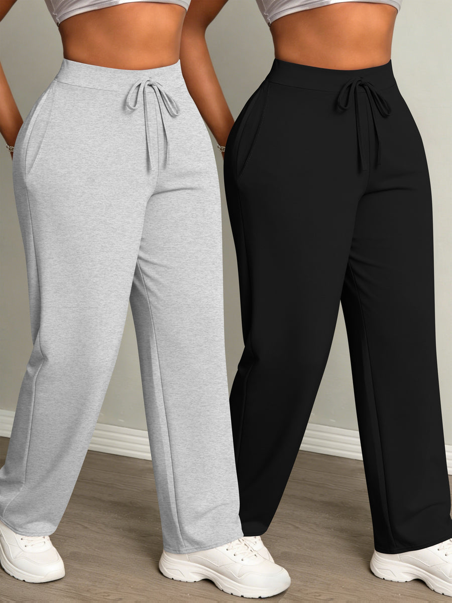 Women's Fashion Daily 2pcs Set, Comfortable Loose-Fit Solid Color Drawstring Waist Wide-Leg Sweatpants - Black+gray