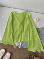 Solid Color Front-Tie Bow Open-Front Fashion Flared Sleeve Blouse New Women'S Short Top - Yellow-green
