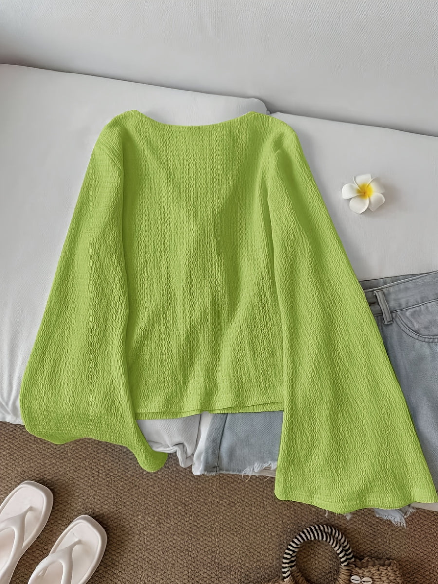 Solid Color Front-Tie Bow Open-Front Fashion Flared Sleeve Blouse New Women'S Short Top - Yellow-green