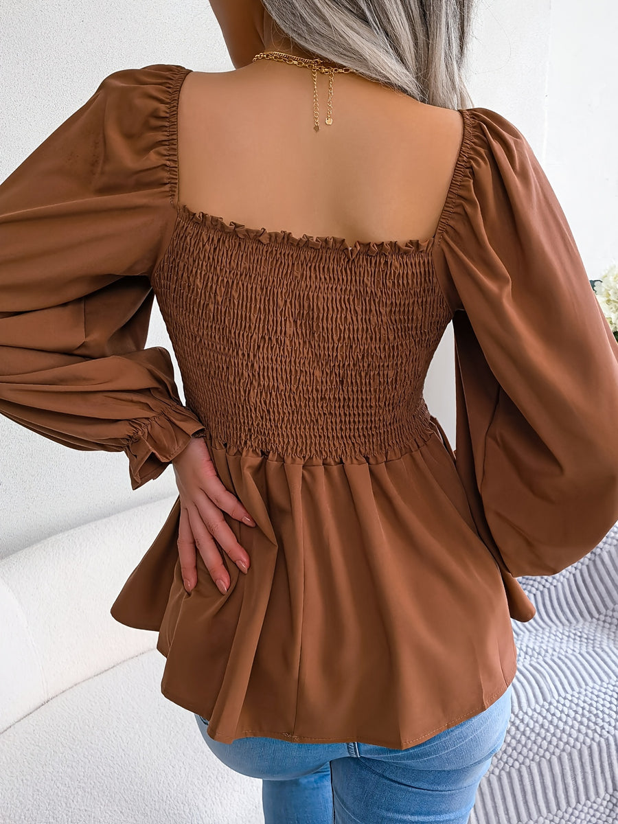2023 Spring/Summer European and American Casual Solid Color Square Neck Flared Sleeve Ruffle Hem Chiffon Blouse - Coffee Brown