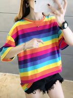 Women's Plus Size Loose Fit Cartoon Print T-Shirt - Pastel Color Block Short Sleeve Round Neck Top, Breathable Medium Stretch Fabric, Long Length Casual Summer Spring Fall Machine Washable, Ladies T Shirts, Trendy Streetwear, Relaxed Fit Tee - Rose Red