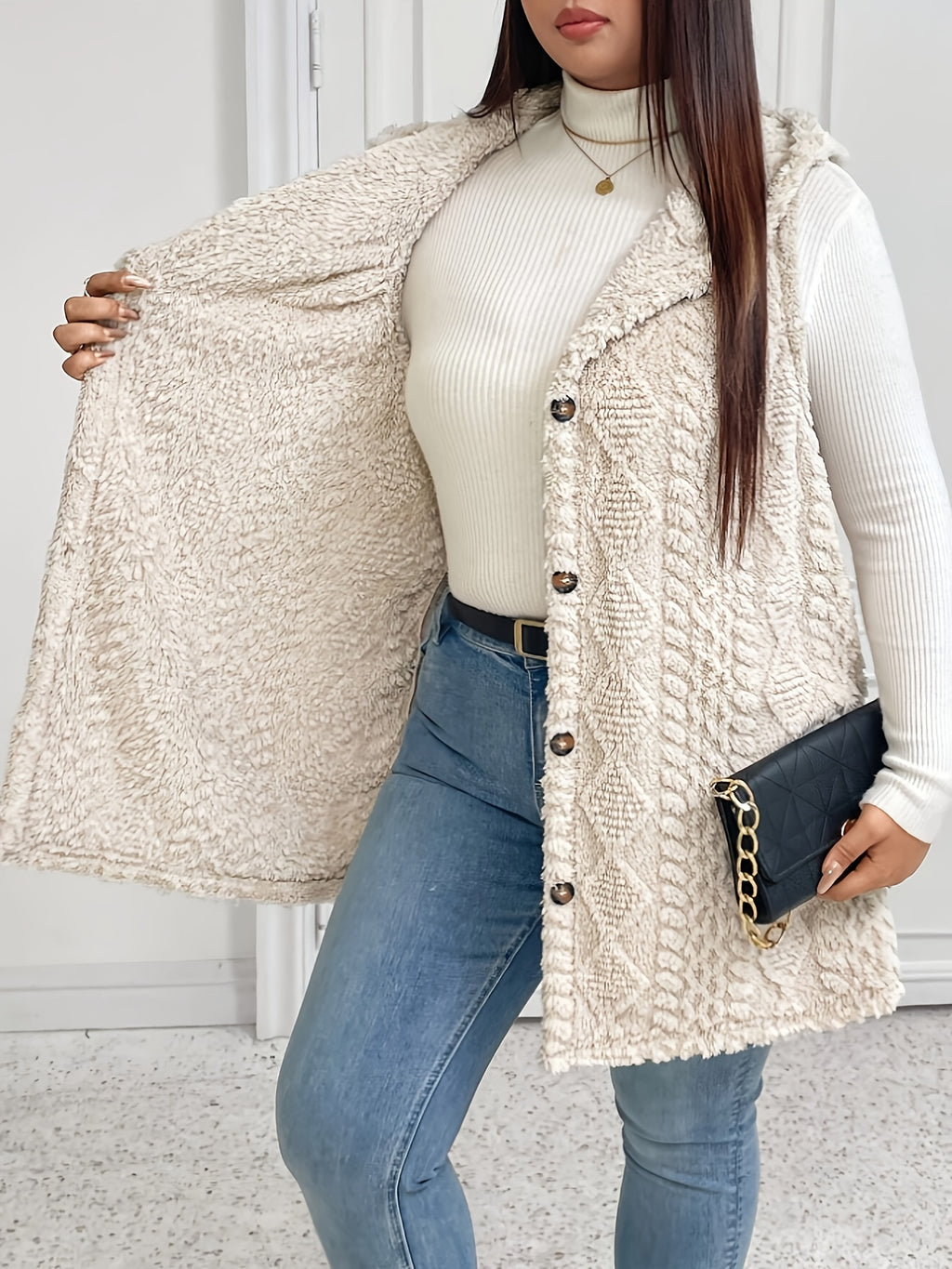 Plus Size, Plus Size Plush Hooded Vest - Apricot