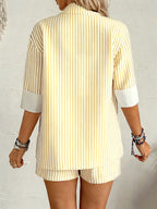 Women'S Western Casual Style Striped Short Sleeve Patchwork Loose Suit And Shorts 2pcs Set, Fashionable Women'S Clothing for Casual Commute And Dates, Suit Jacket And Wide-Leg Shorts - Yellow