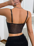 Cross Border Fashion Mesh Illuminated Patches from Europe and the United States Shimmer, Slim Fit, Sexy, High-end Camisole, Small Vest, Women's Top, Base Layer - Black