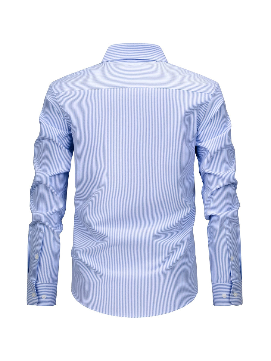 New Cotton Oxford Shirt for Men, Casual Fashion Long Sleeve with Collar and Cuff Patchwork Design, Comfortable and Fitted Business Loose Shirt, Button-Up Striped Dress Shirt, Long Sleeve Collared Striped Dress Shirt for Office Work, Fine Stripe Shirt - Blue Background With White Stripes