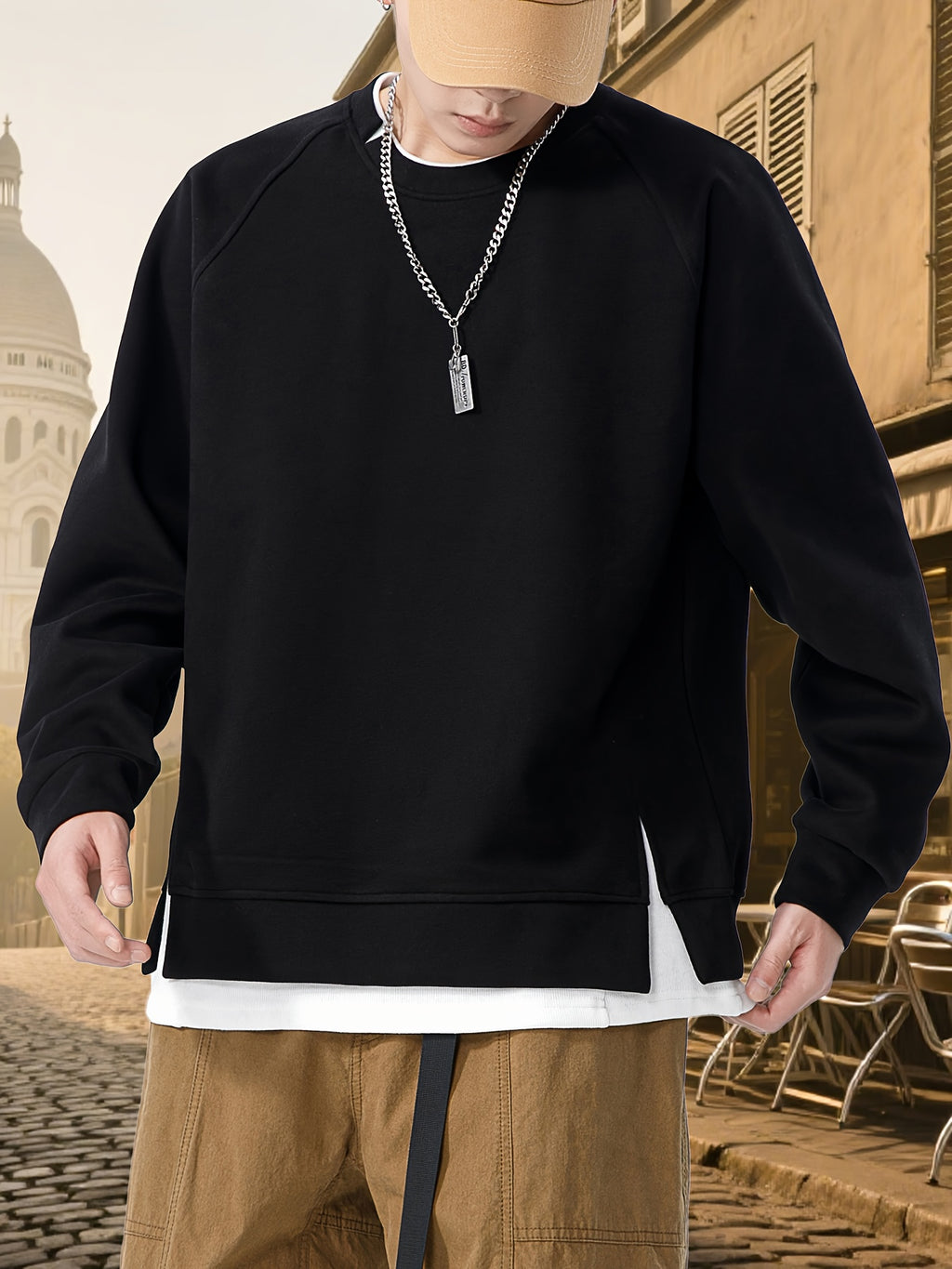 Autumn New Men'S Drop-Sleeve Casual Solid Color Sweatshirt Faux Two-Piece Hem, Men'S Round Neck Pullover, Niche Design Style - Black