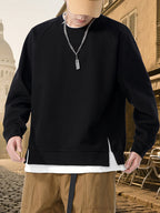 Autumn New Men'S Drop-Sleeve Casual Solid Color Sweatshirt Faux Two-Piece Hem, Men'S Round Neck Pullover, Niche Design Style - Black