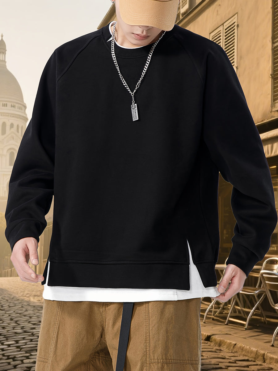 Autumn New Men'S Drop-Sleeve Casual Solid Color Sweatshirt Faux Two-Piece Hem, Men'S Round Neck Pullover, Niche Design Style - Black