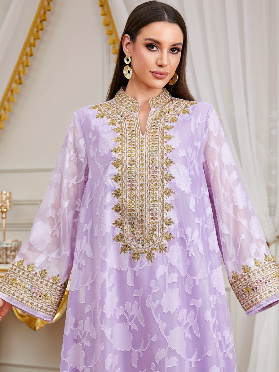 Women's Muslim Middle Eastern  New Rope Embroidery V-Neck Long Dress for Eid Al-Adha and Eid Al-Fitr Banquet Elegant Dress - Purple