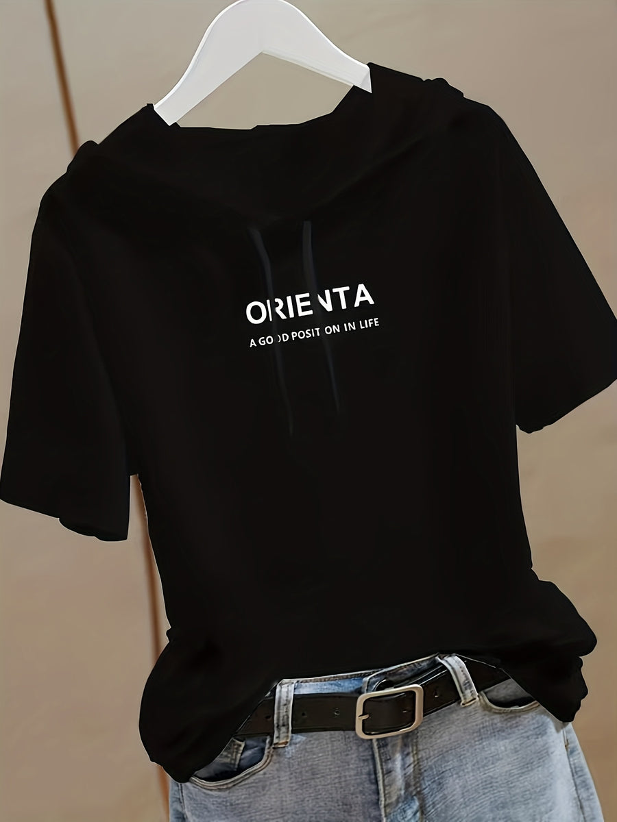 Summer New Korean Version Loose Short Sleeve Thin Trendy Printed Hooded T-Shirt Casual Drawstring Loose Short Sleeve Shirt for Women Regular - Black
