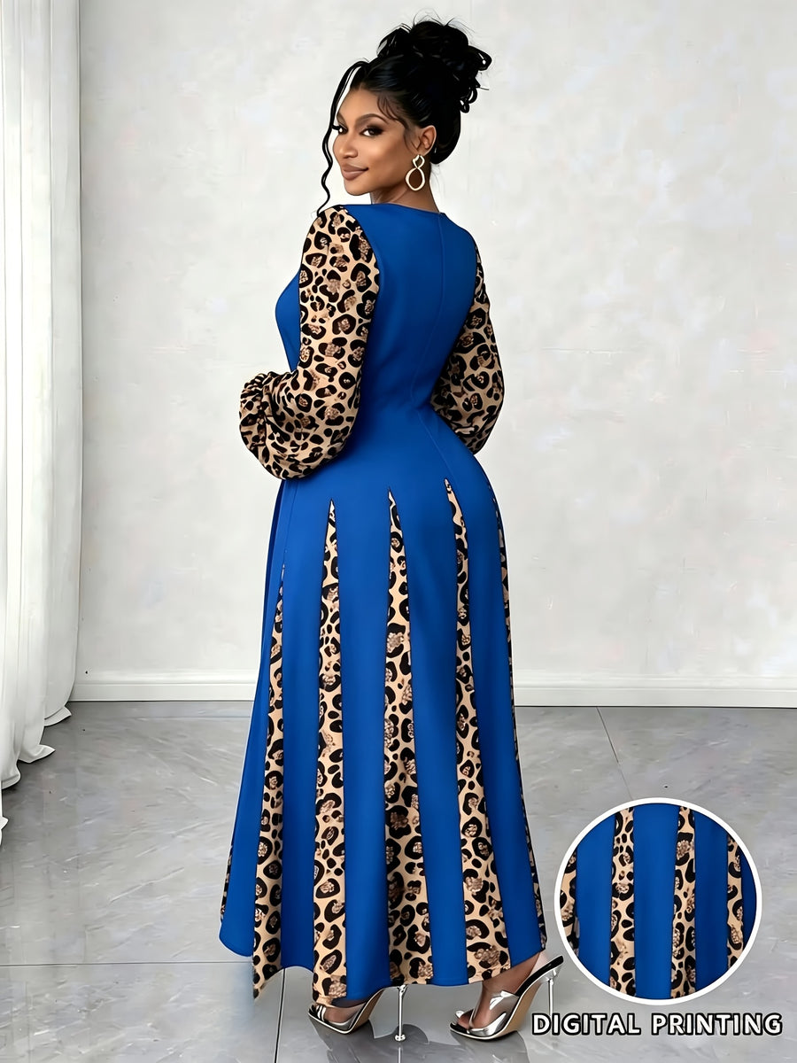 Plus Size Women'S Leopard Patchwork Long Dress, Long Puff Sleeve with Cutout V-Neck A-Line Maxi Skirt, Elegant Party Evening Gown - Blue