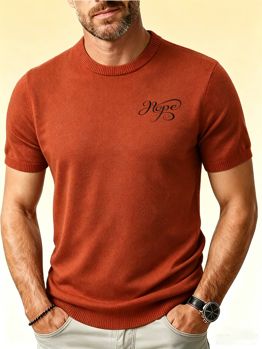 Men'S Round Neck Short Sleeve Knit Sweater English Casual Base Layer Top - Brick Red
