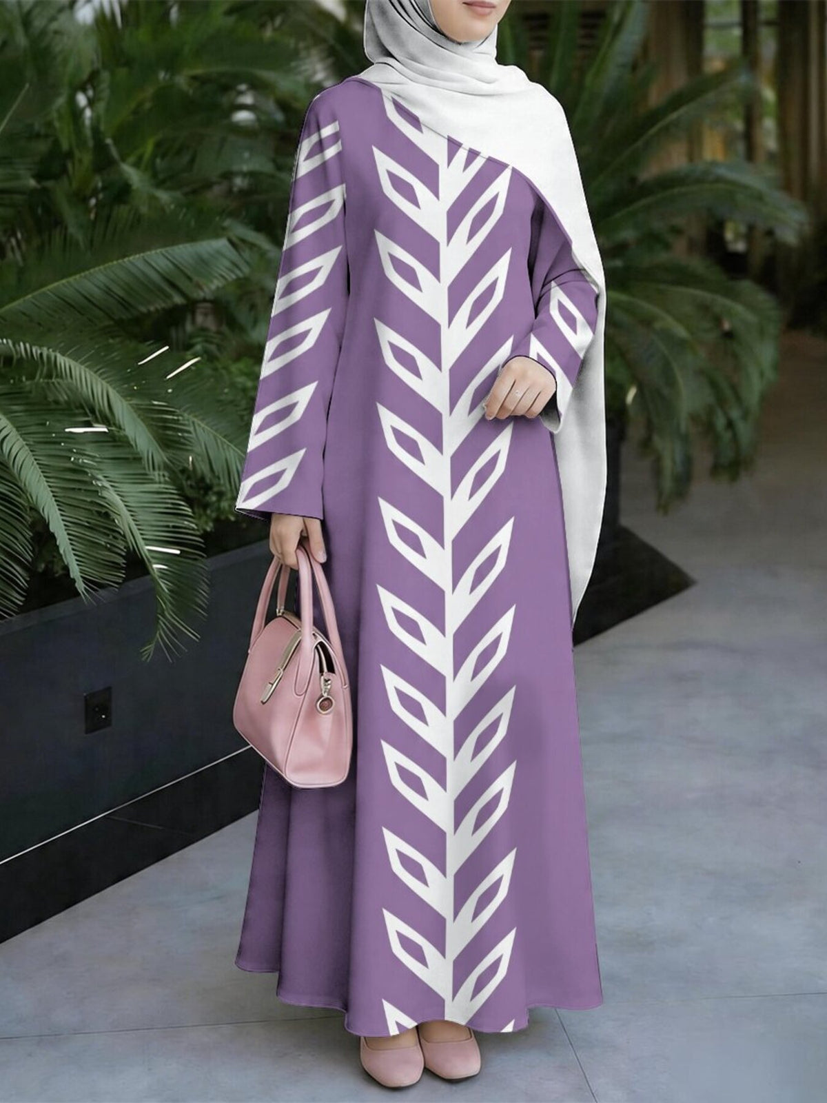 Women's Middle Eastern Style Elegant Muslim Robe, Purple Geometric Leaf Print Muslim Long Dress, Loose A-Line Long Sleeve Fit, for Home, Prayer, Outings, and Banquets, Smooth Wrinkle-Resistant Fabric, Non-Embroidered, Vintage-Inspired Sophisticated - Mixed colors