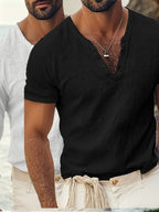 2pcs Set of New Men'S Linen V-Neck Henley Shirt, Summer Breathable Pleated V-Neck Short Sleeve, Beach Vacation Versatile Solid Color T-Shirt with Multi-Color Options - Black+Light White