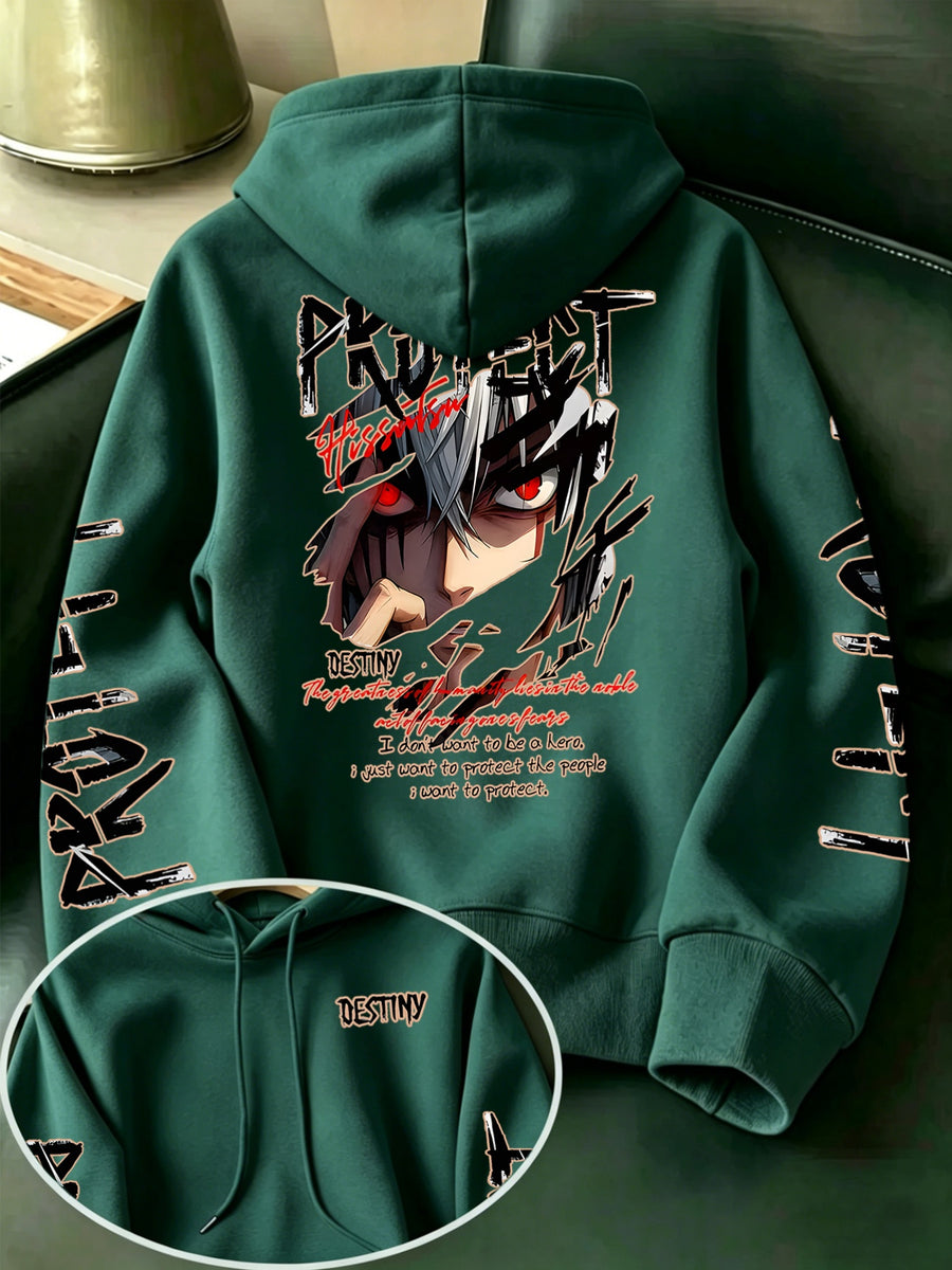 Limited-Time Special Offer: Single-pc Unisex Black Knitted Hooded Sweatshirt with Anime Boy Portrait Graffiti and English Print, Trendy Cool Anime-Style Loose Drop-Shoulder Hoodie for Spring/Autumn, Casual Wear for Outings and Gatherings - Dark Green