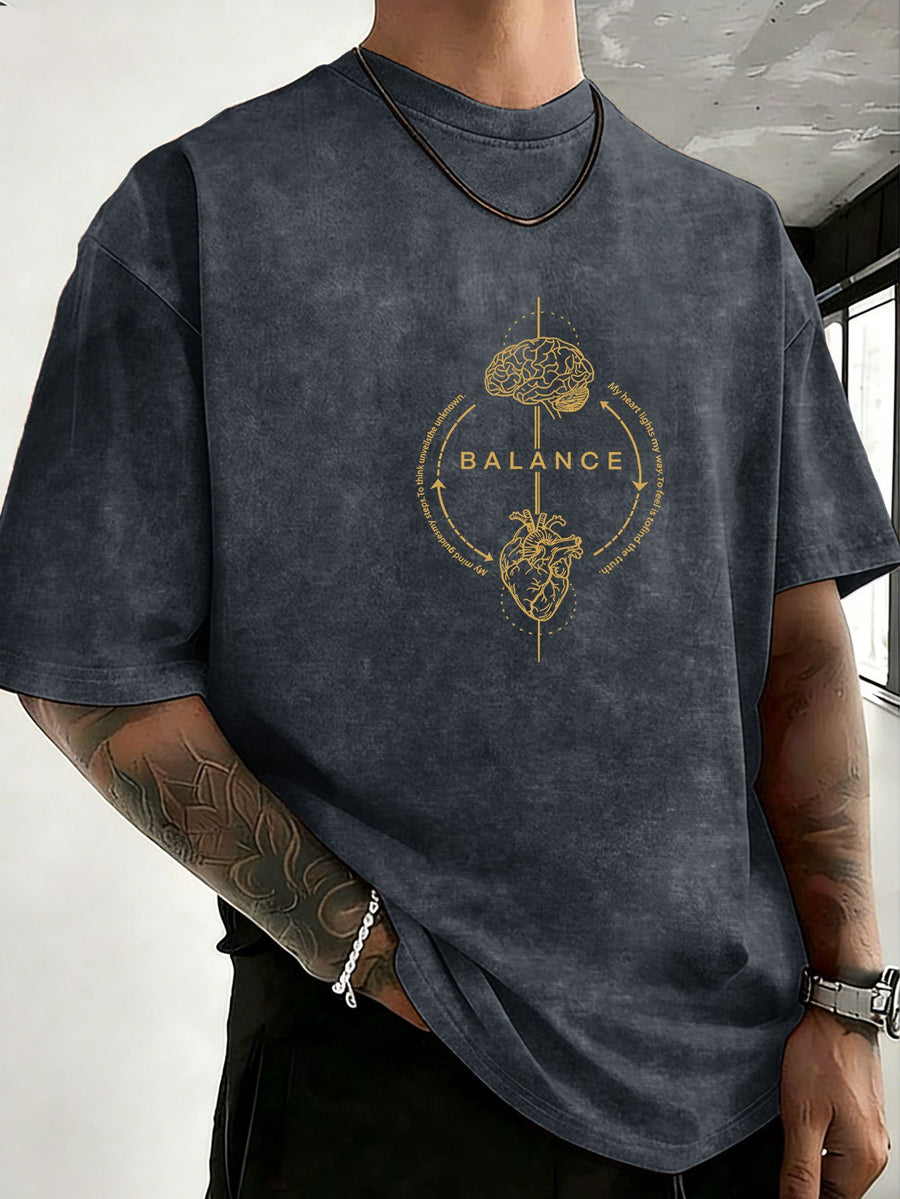Men's 100% Cotton Washed Distressed Crew Neck Short-Sleeve T-Shirt, Balance Brain Heart Graphic Double-Sided Print, Trendy Loose Casual Tee Tops, 12 Colors Available - Navy Color
