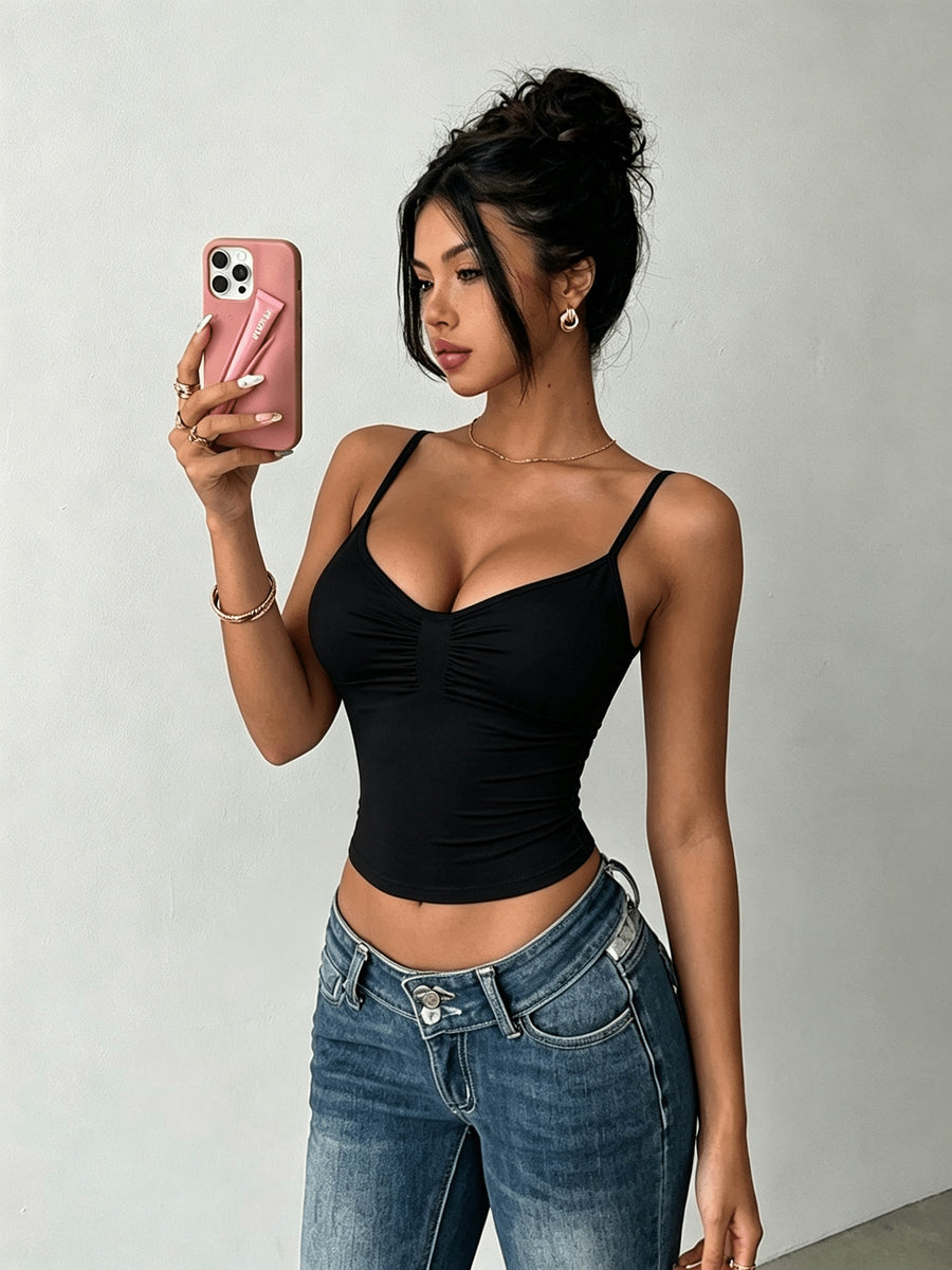 Women's Solid Color Pleated Slim Fit Casual Camisole Tank Top - Black