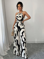 Women'S Printed Cinched Waist Jumpsuit, Elegant Holiday And Casual Wear with Halter Neckline - White
