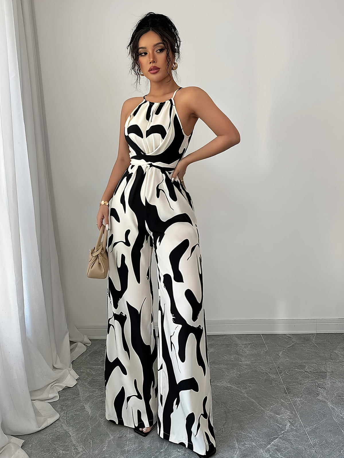 Women'S Printed Cinched Waist Jumpsuit, Elegant Holiday And Casual Wear with Halter Neckline - White