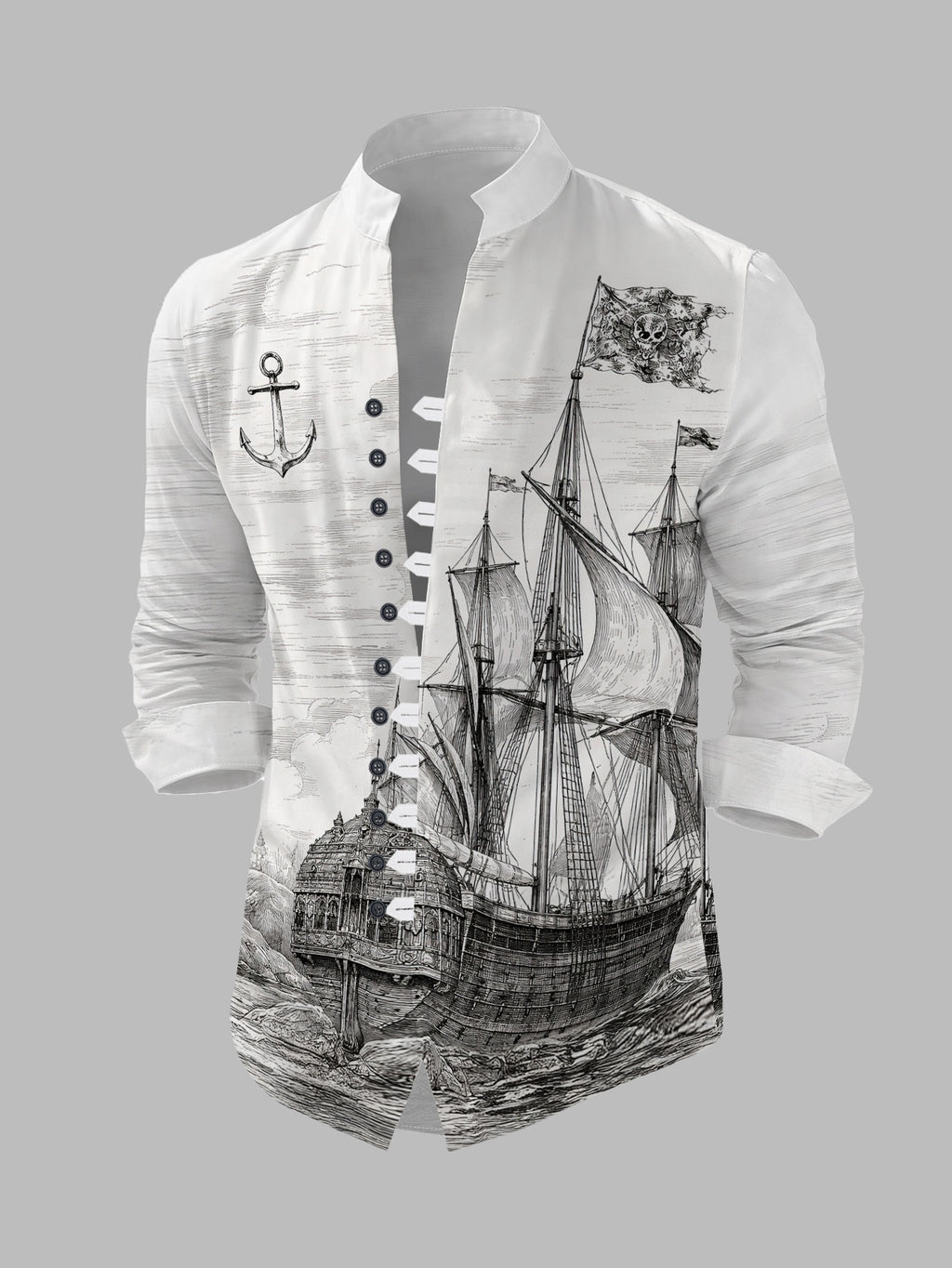 Men's 11-Row Button Long Sleeve Shirt Nautical Sailboat Print Stylish Stand Collar Casual Top Spring Autumn New Fashion Trendy Handsome Women's Clothing - Mixed colors