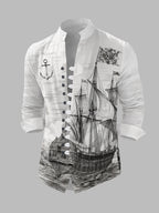 Men's 11-Row Button Long Sleeve Shirt Nautical Sailboat Print Stylish Stand Collar Casual Top Spring Autumn New Fashion Trendy Handsome Women's Clothing - Mixed colors