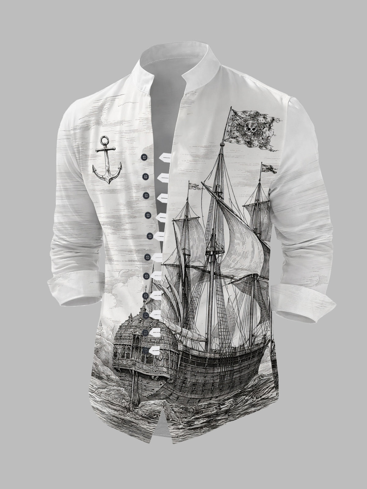 Men's 11-Row Button Long Sleeve Shirt Nautical Sailboat Print Stylish Stand Collar Casual Top Spring Autumn New Fashion Trendy Handsome Women's Clothing - Mixed colors