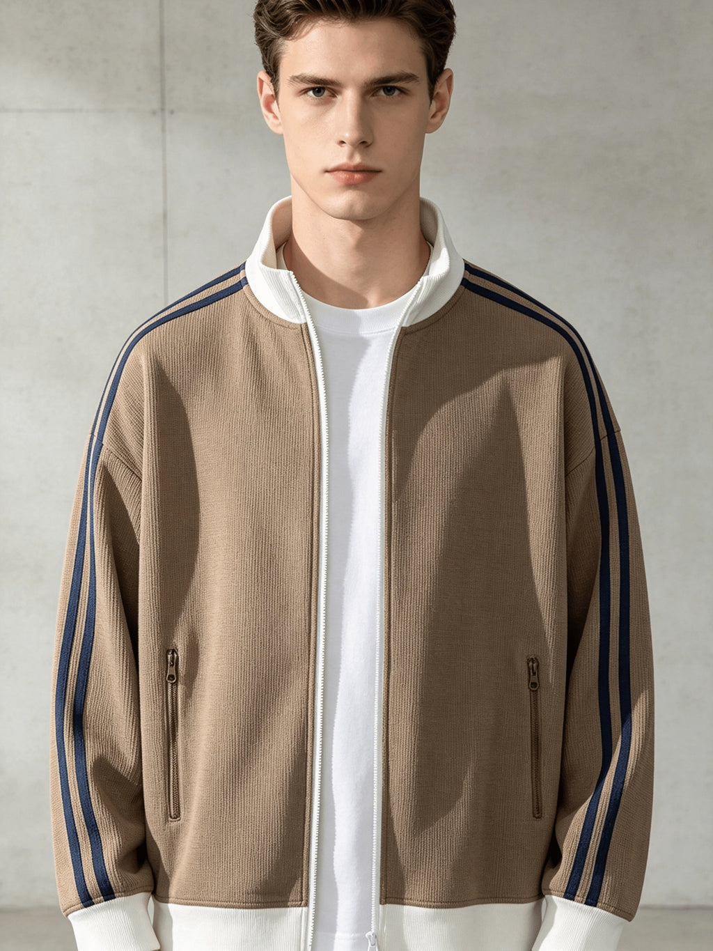 Stand Collar Striped Sports Jacket Waffle Knit Fabric Soft And Breathable Full Zip Closure for Easy Wear Double Zipper Pockets for Storage Drop Shoulder Loose Style Retro Casual, Spring, Fashion, Men, Outdoor, Quick-Dry - Brown