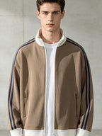 Stand Collar Striped Sports Jacket Waffle Knit Fabric Soft And Breathable Full Zip Closure for Easy Wear Double Zipper Pockets for Storage Drop Shoulder Loose Style Retro Casual, Spring, Fashion, Men, Outdoor, Quick-Dry - Brown