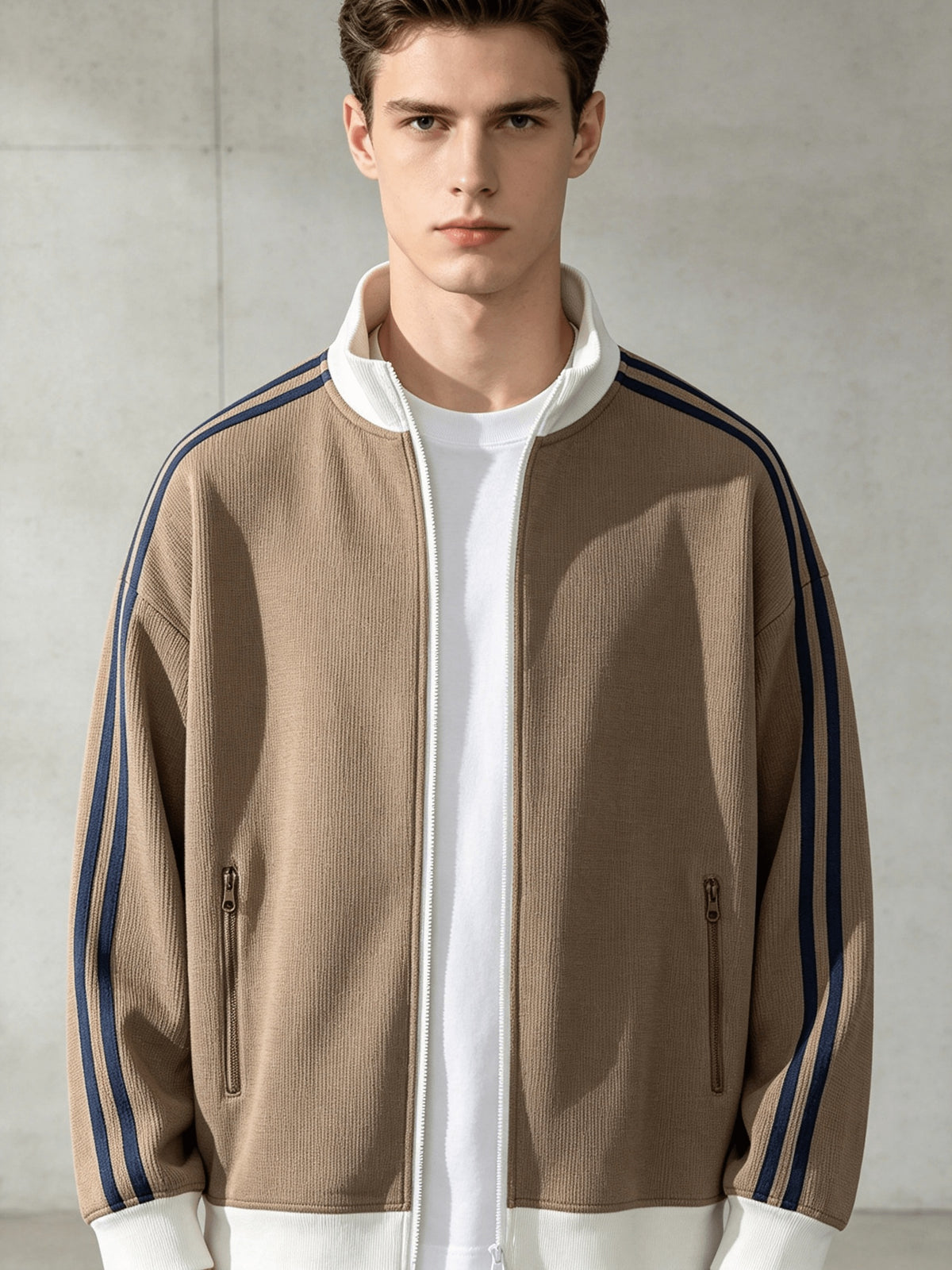 Stand Collar Striped Sports Jacket Waffle Knit Fabric Soft And Breathable Full Zip Closure for Easy Wear Double Zipper Pockets for Storage Drop Shoulder Loose Style Retro Casual, Spring, Fashion, Men, Outdoor, Quick-Dry - Brown