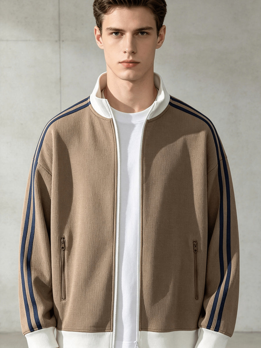 Stand Collar Striped Sports Jacket Waffle Knit Fabric Soft And Breathable Full Zip Closure for Easy Wear Double Zipper Pockets for Storage Drop Shoulder Loose Style Retro Casual, Spring, Fashion, Men, Outdoor, Quick-Dry - Brown