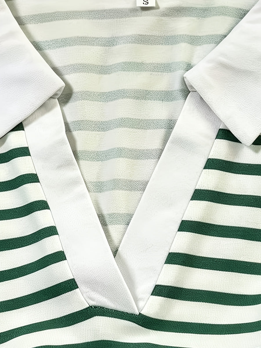 New Summer V-Neck Lapel Striped Polo Shirt for Women, Regular Shoulder Fit, Classic Striped Design, Short Sleeves with Cute and Playful Cat Graphic Print, Versatile Top for Casual Daily Wear and Commuting - Dark Green