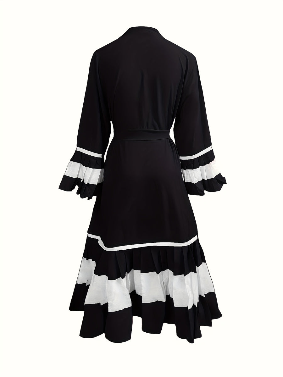 Ramadan 2025 Middle East Cross-border Women's Casual Color-block Pleated Muslim Abaya Open Cardigan - Black