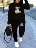 Women'S Casual Sportswear Set, Fleece-Lined Sweatshirt and Joggers, Geometric Pattern, Crew Neck, Polyester 100%, Slight Stretch, All-Season Knit Fabric, 230g/m², Two-Piece Lash Sets - Black