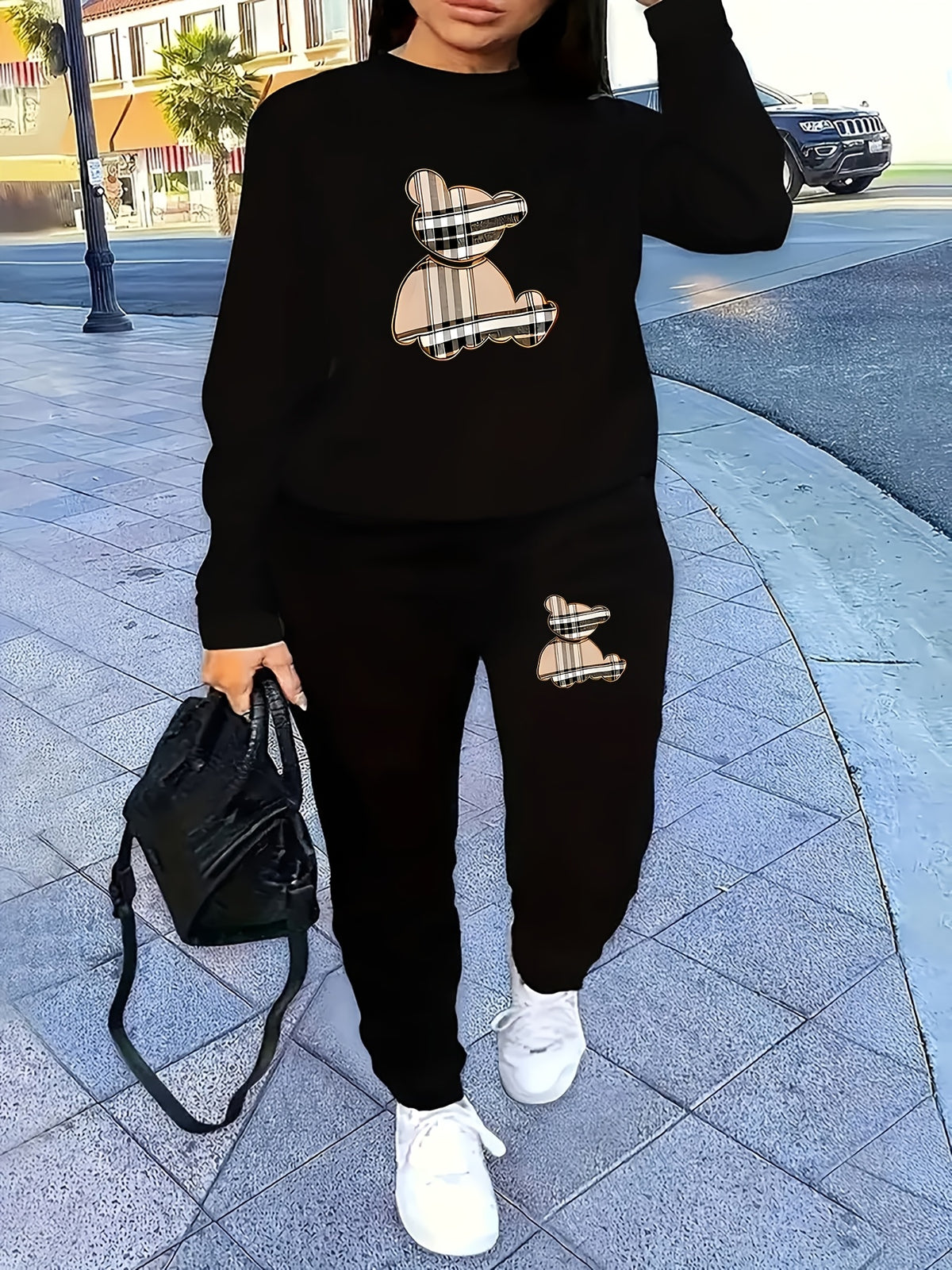 Women'S Casual Sportswear Set, Fleece-Lined Sweatshirt and Joggers, Geometric Pattern, Crew Neck, Polyester 100%, Slight Stretch, All-Season Knit Fabric, 230g/m², Two-Piece Lash Sets - Black