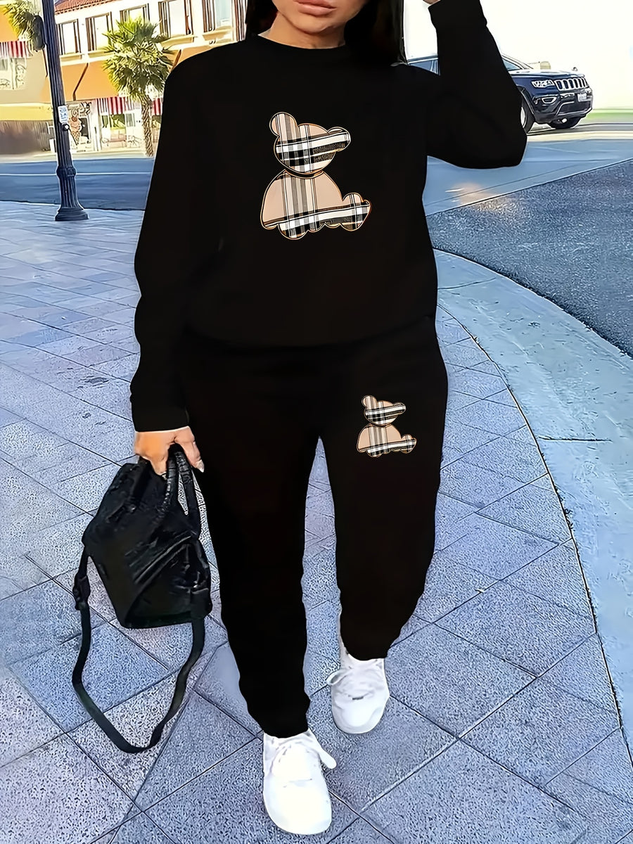 Women'S Casual Sportswear Set, Fleece-Lined Sweatshirt and Joggers, Geometric Pattern, Crew Neck, Polyester 100%, Slight Stretch, All-Season Knit Fabric, 230g/m², Two-Piece Lash Sets - Black