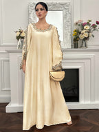 Elegant Women's Embroidered Patchwork Long-Sleeve Dress, Round Neck + Loose Fit Figure-Flattering Solid Color Maxi Dress, Suitable for Casual Vacations and Daily Wear in Spring and Summer - Apricot
