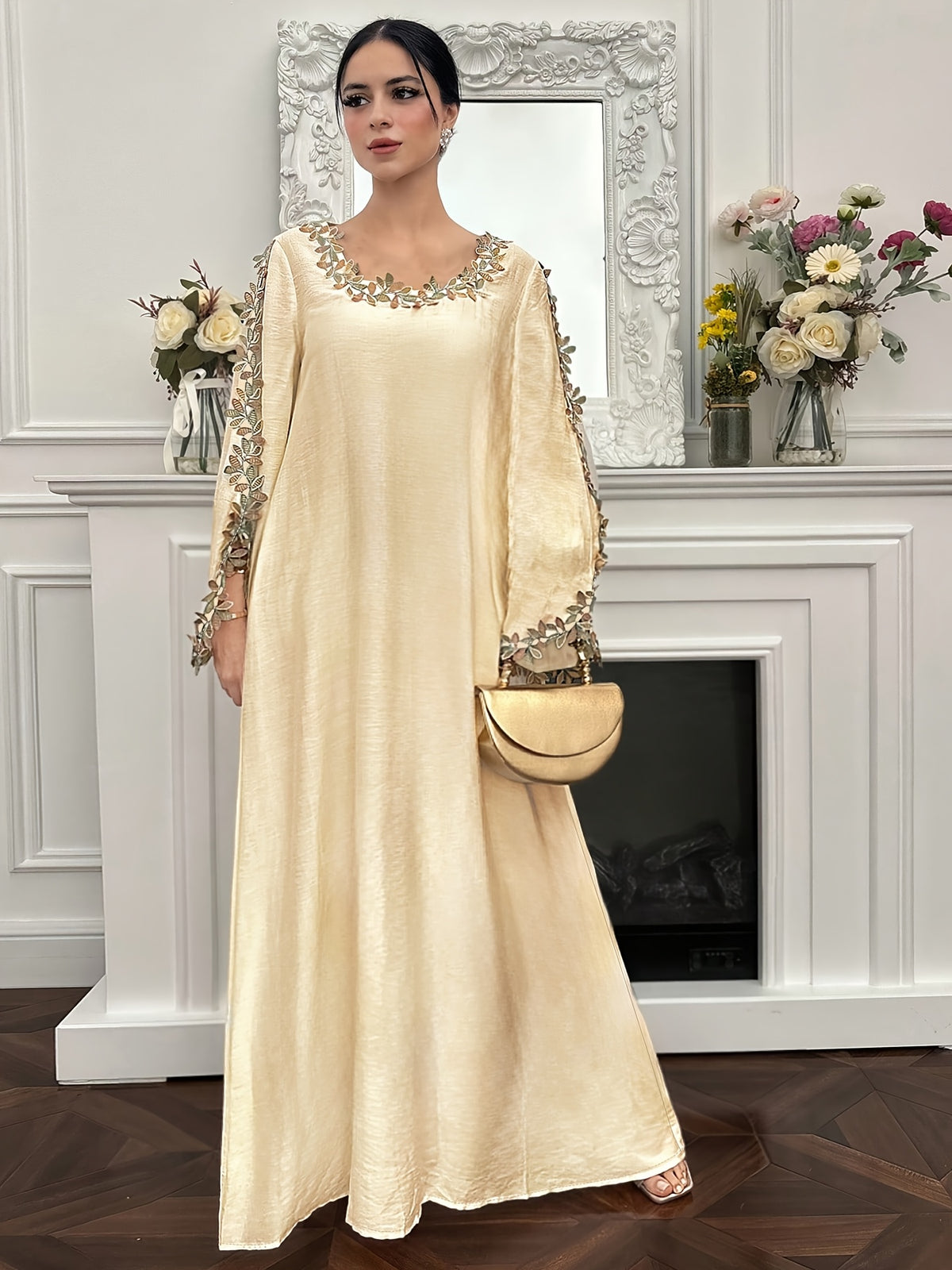 Elegant Women's Embroidered Patchwork Long-Sleeve Dress, Round Neck + Loose Fit Figure-Flattering Solid Color Maxi Dress, Suitable for Casual Vacations and Daily Wear in Spring and Summer - Apricot